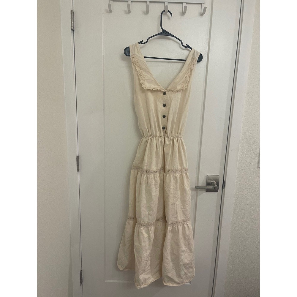 Vintage 70s Cottagecore Collared Maxi Dress Cream Summer Prairie Cross Back